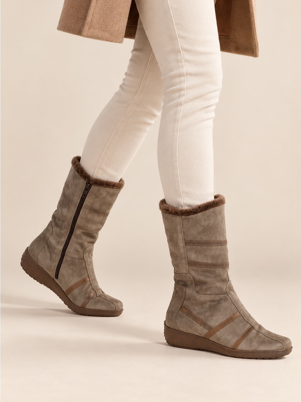Aquatalia | Fur-Lined Suede Winter Boots Taupe Side Zip 7.5 Made in Italy | New!